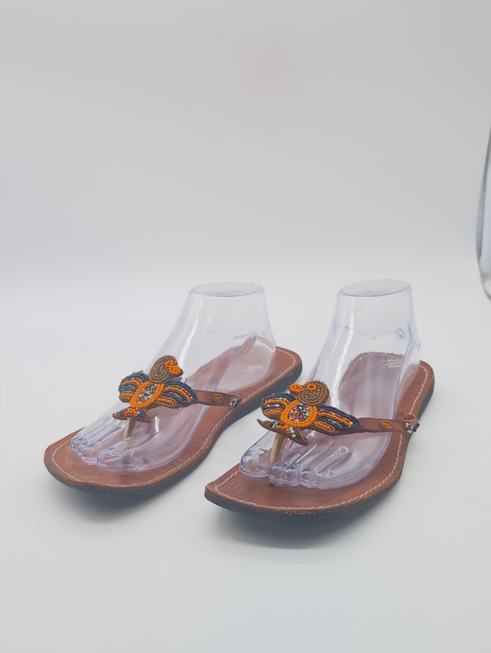 Vintage Thunderbird African 10 5 Handmade-Beaded Brown Leather Women’s Sandals